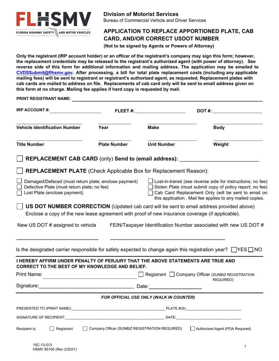 Form HSMV85100 Application to Replace Apportioned Plate, Cab Card, and / or Correct Usdot Number - Florida, Page 1
