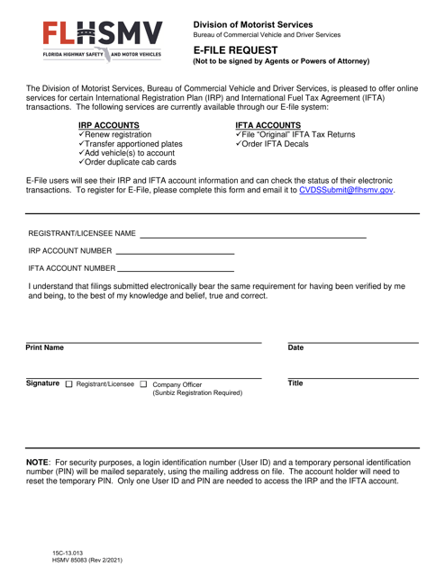 Form HSMV85083 E-File Request - Florida