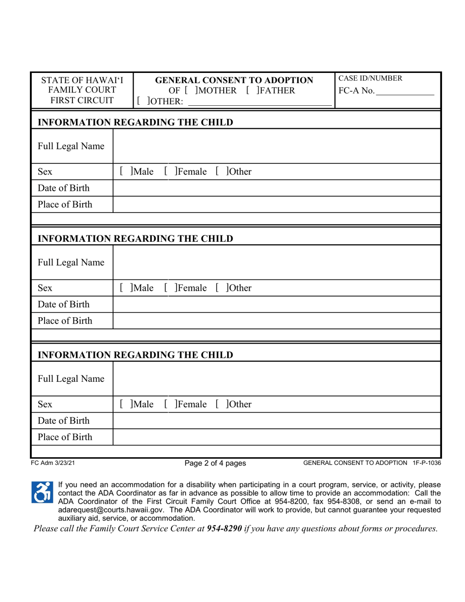 Form 1F-P-1036 General Consent to Adoption - Hawaii, Page 2