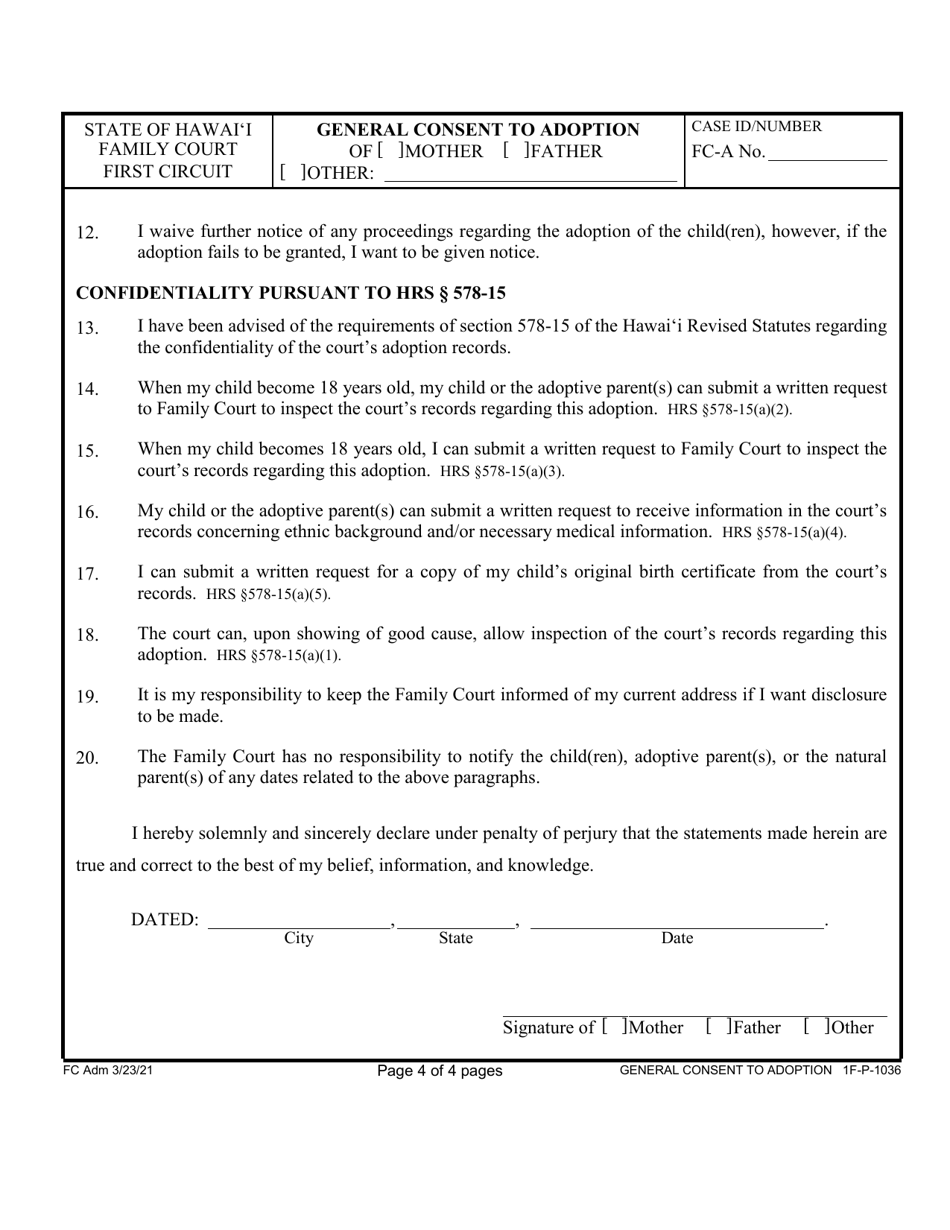 Form 1F-P-1036 General Consent to Adoption - Hawaii, Page 4