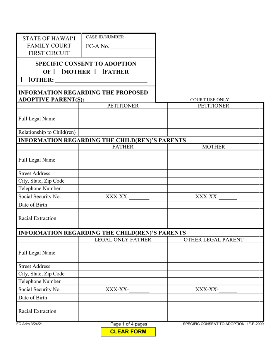 Form 1F-P-2009 Specific Consent to Adoption - Hawaii, Page 1