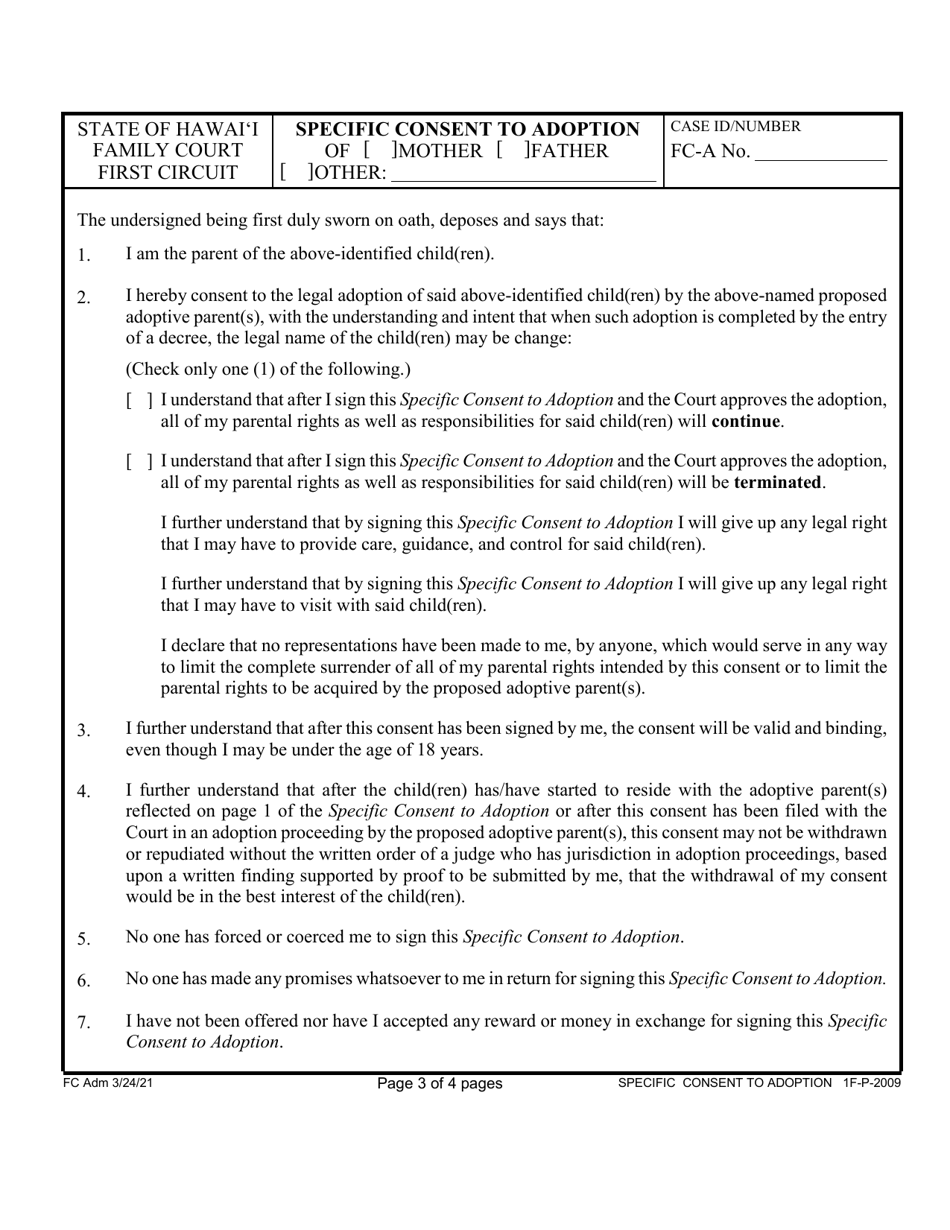 Form 1F-P-2009 Specific Consent to Adoption - Hawaii, Page 3