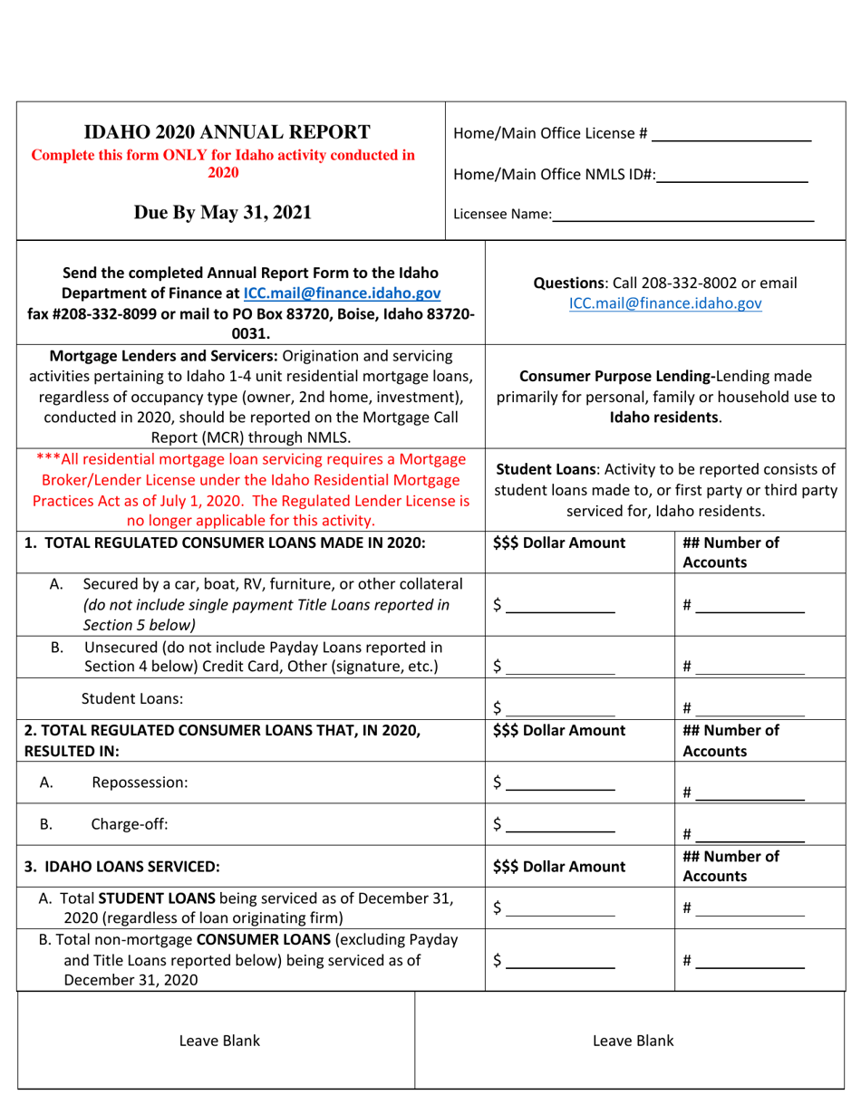 2020 Idaho Regulated and Payday Lender Nmls Annual Report Fill Out