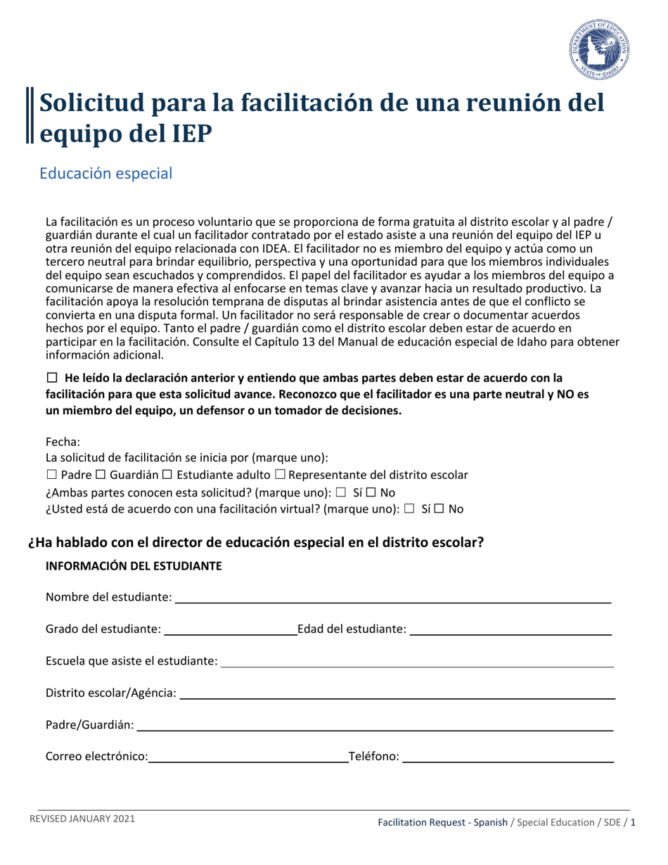 Solicitud Para La Facilitacion De Una Reunion Del Equipo Del Iep - Idaho (Spanish), Page 1