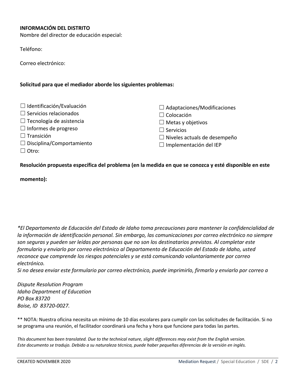 Solicitud De Mediacion - Idaho (Spanish), Page 2