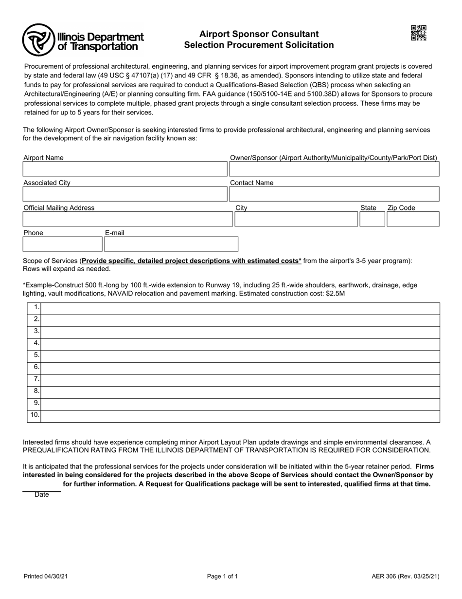 Form AER306 Airport Sponsor Consultant Selection Procurement Solicitation - Illinois, Page 1