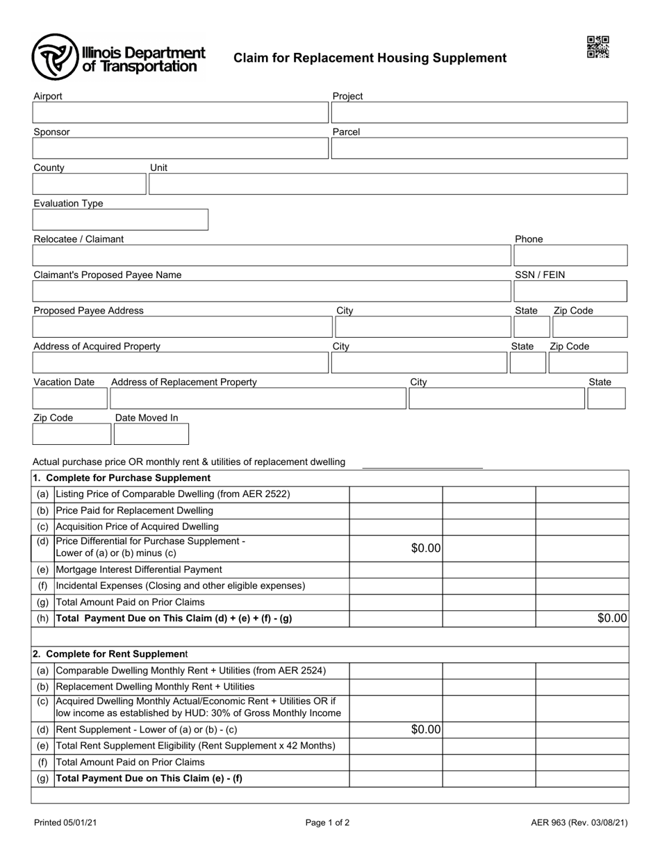 Form AER963 Claim for Replacement Housing Supplement - Illinois, Page 1