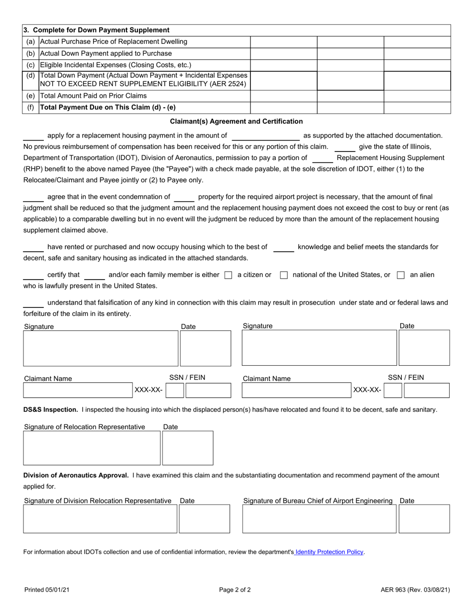Form AER963 Claim for Replacement Housing Supplement - Illinois, Page 2