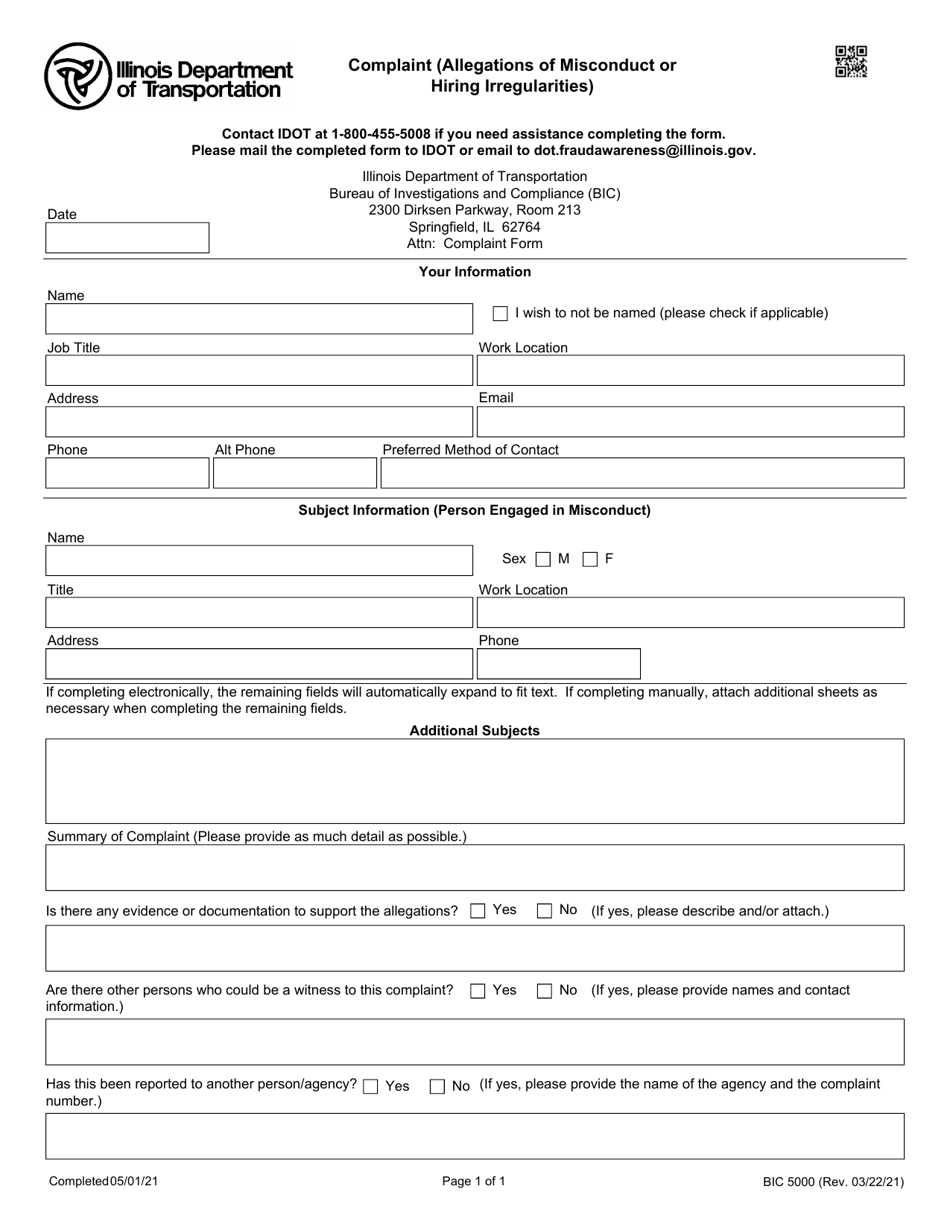 Form BIC5000 Complaint (Allegations of Misconduct or Hiring Irregularities) - Illinois, Page 1