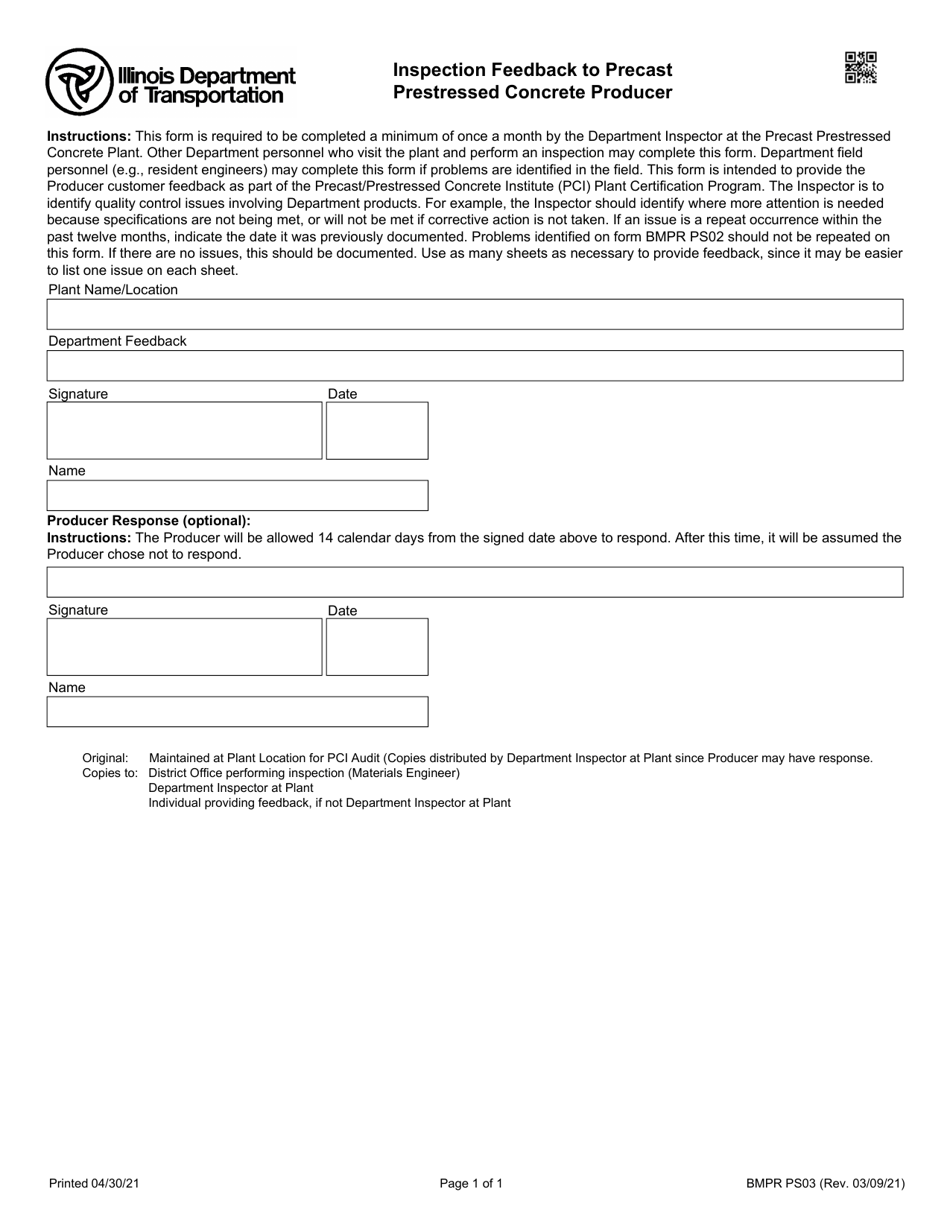 Form BMPR PS03 Inspection Feedback to Precast Prestressed Concrete Producer - Illinois, Page 1