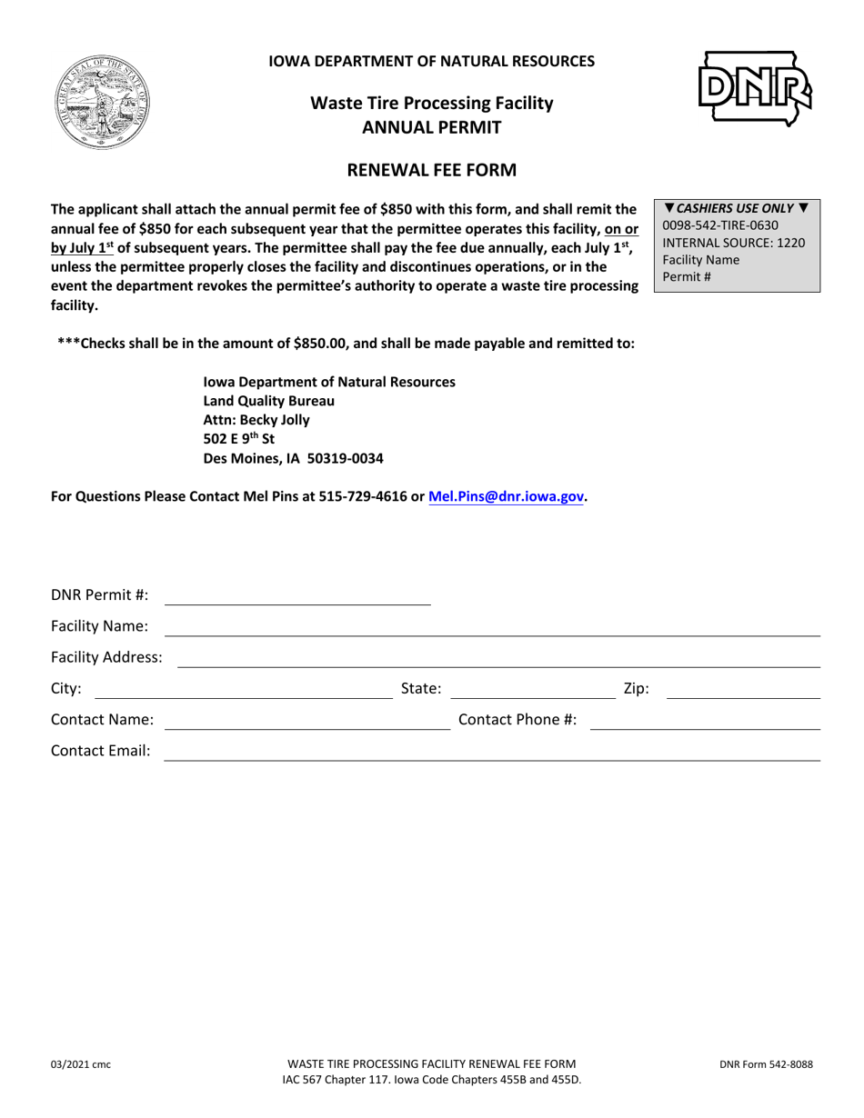 DNR Form 542-8088 Waste Tire Processing Facility Annual Permit Renewal Fee Form - Iowa, Page 1