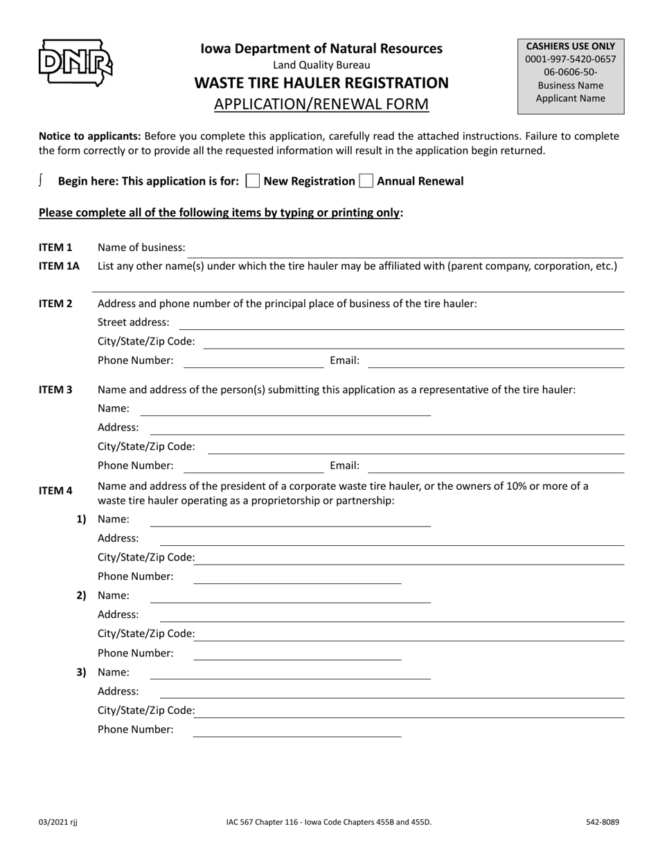 DNR Form 542-8089 Waste Tire Hauler Registration Application / Renewal Form - Iowa, Page 1
