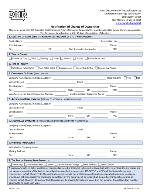 DNR Form 542-0011 Notification of Change of Ownership - Iowa