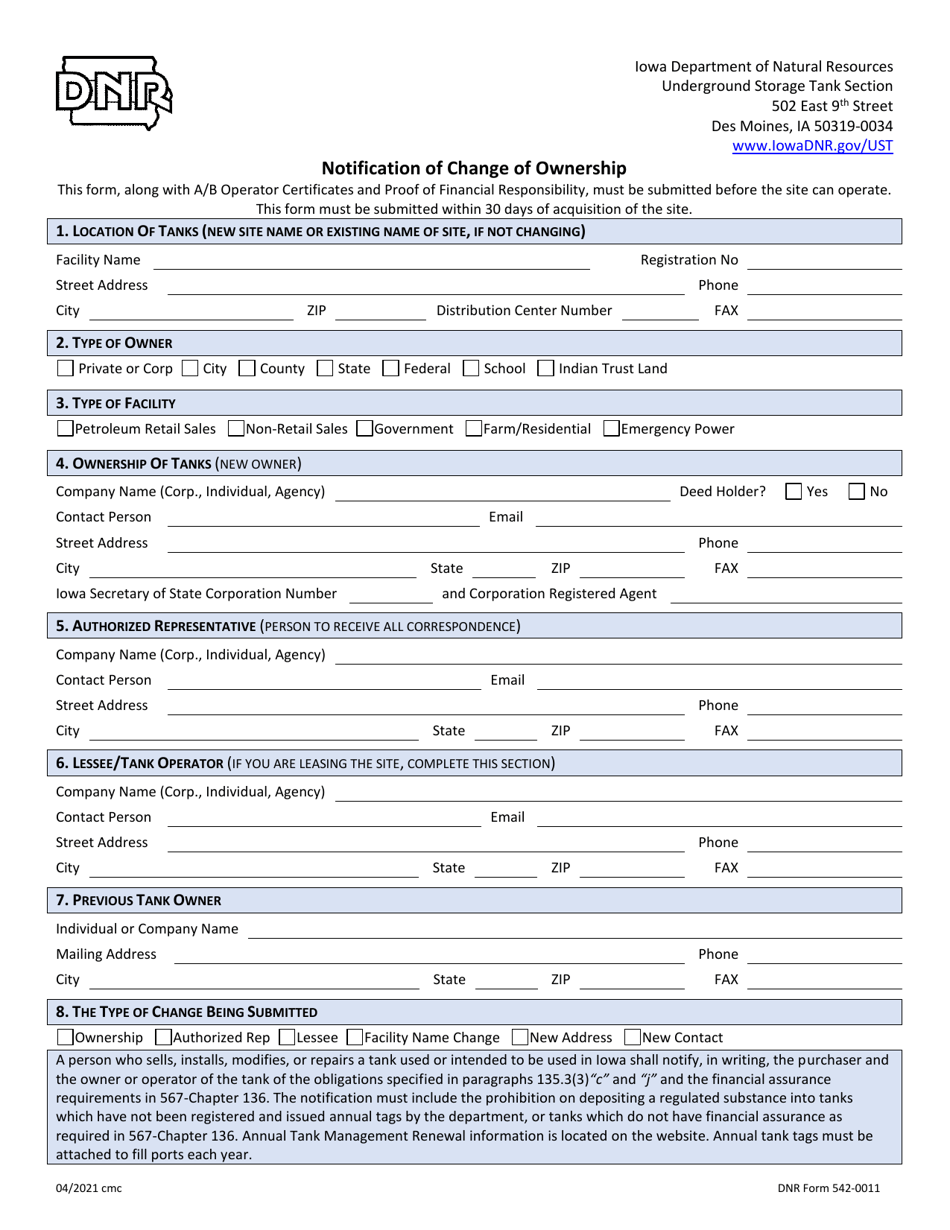 DNR Form 542-0011 Notification of Change of Ownership - Iowa, Page 1
