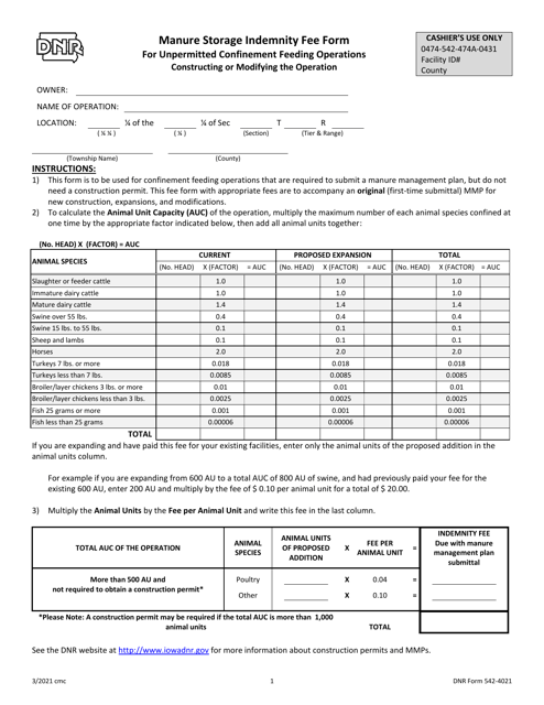 DNR Form 542-4021 Manure Storage Indemnity Fee Form for Unpermitted Confinement Feeding Operations Constructing or Modifying the Operation - Iowa