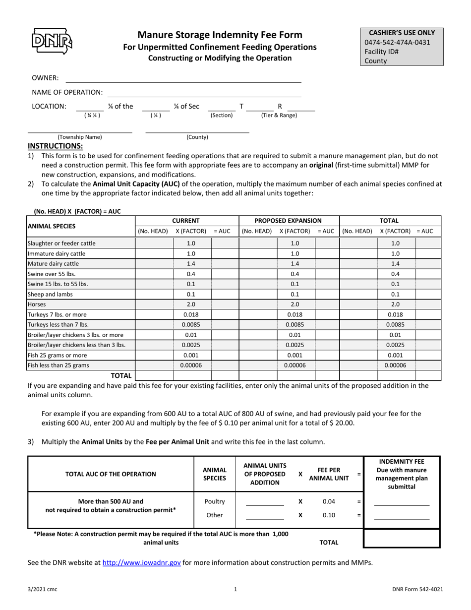DNR Form 542-4021 Manure Storage Indemnity Fee Form for Unpermitted Confinement Feeding Operations Constructing or Modifying the Operation - Iowa, Page 1