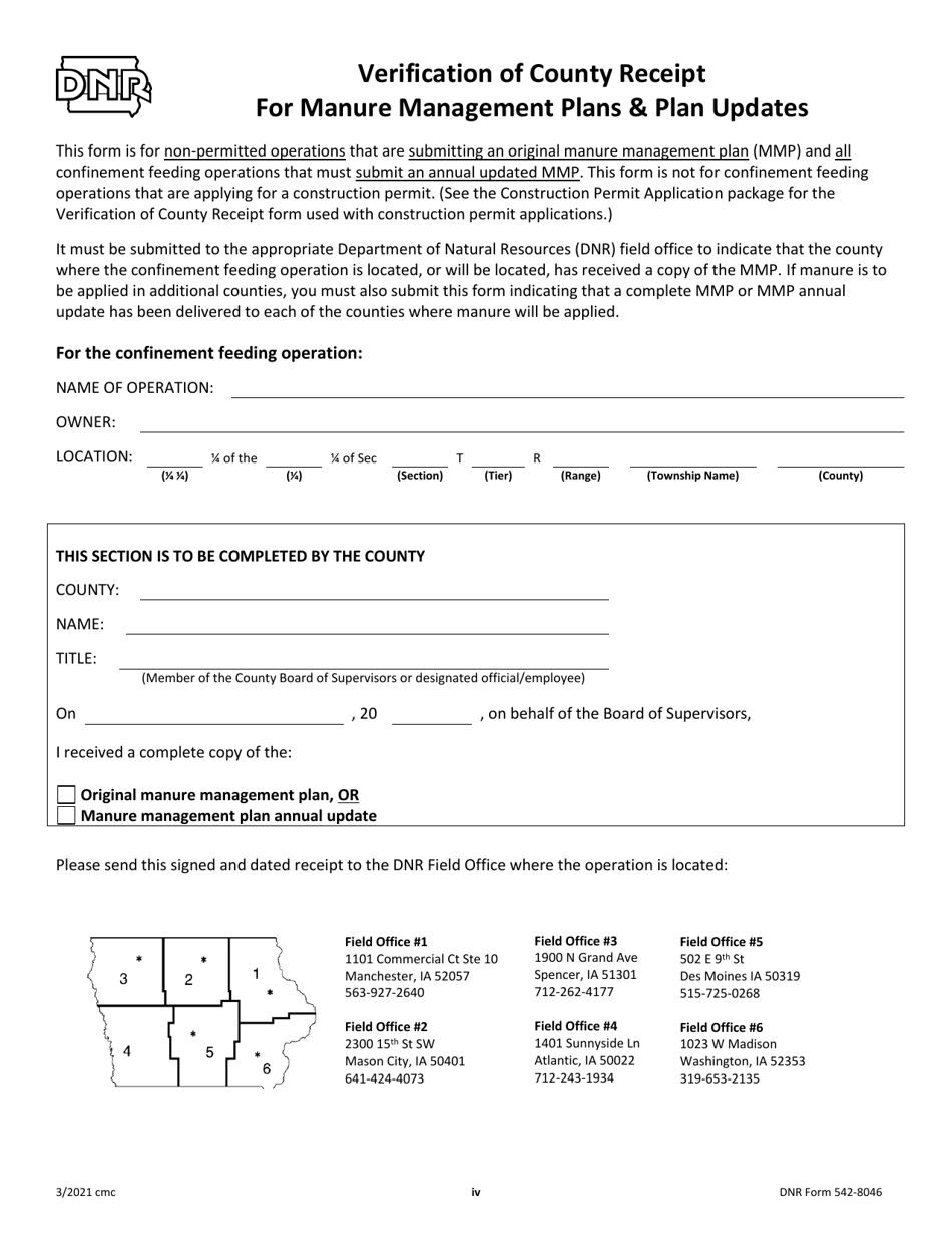 DNR Form 542-8046 Verification of County Receipt for Manure Management Plans  Plan Updates - Iowa, Page 1