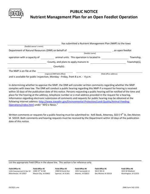 DNR Form 542-1553 Public Notice - Nutrient Management Plan for an Open Feedlot Operation - Iowa
