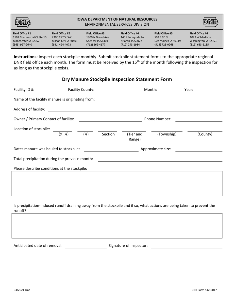 DNR Form 542-0017 Dry Manure Stockpile Inspection Statement Form - Iowa, Page 1