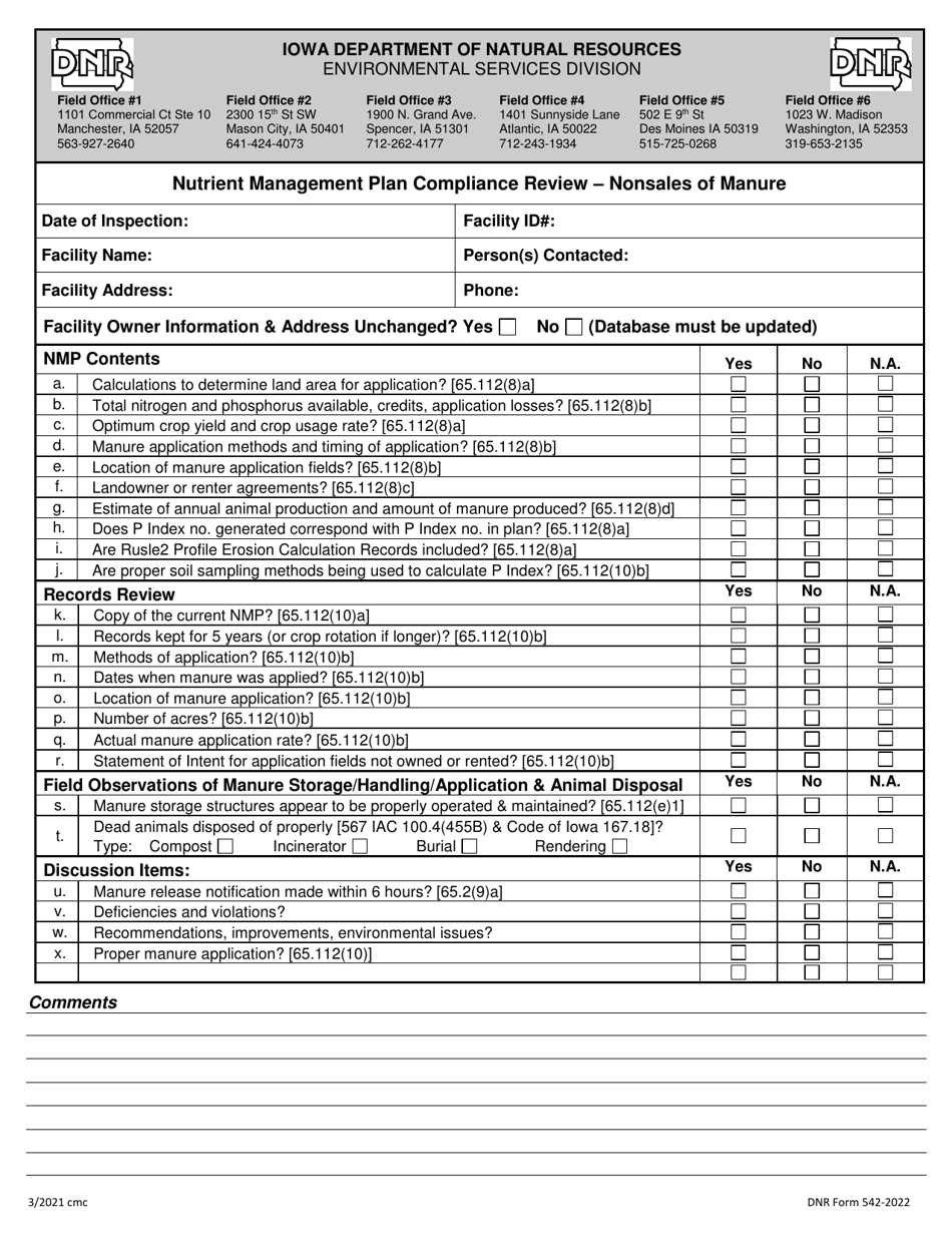 DNR Form 542-2022 Nutrient Management Plan Compliance Review - Nonsales of Manure - Iowa, Page 1