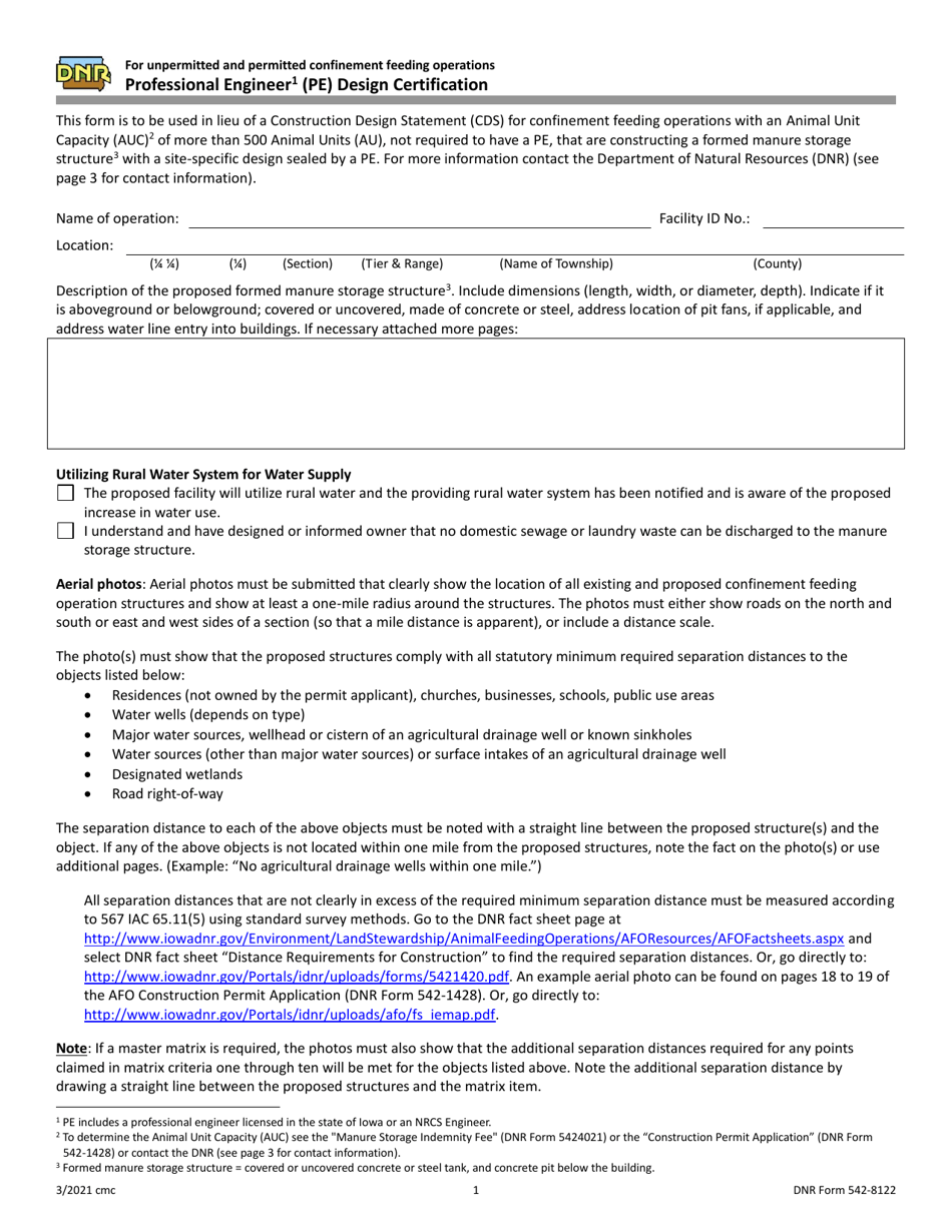 DNR Form 542-8122 Professional Engineer (Pe) Design Certification - Iowa, Page 1