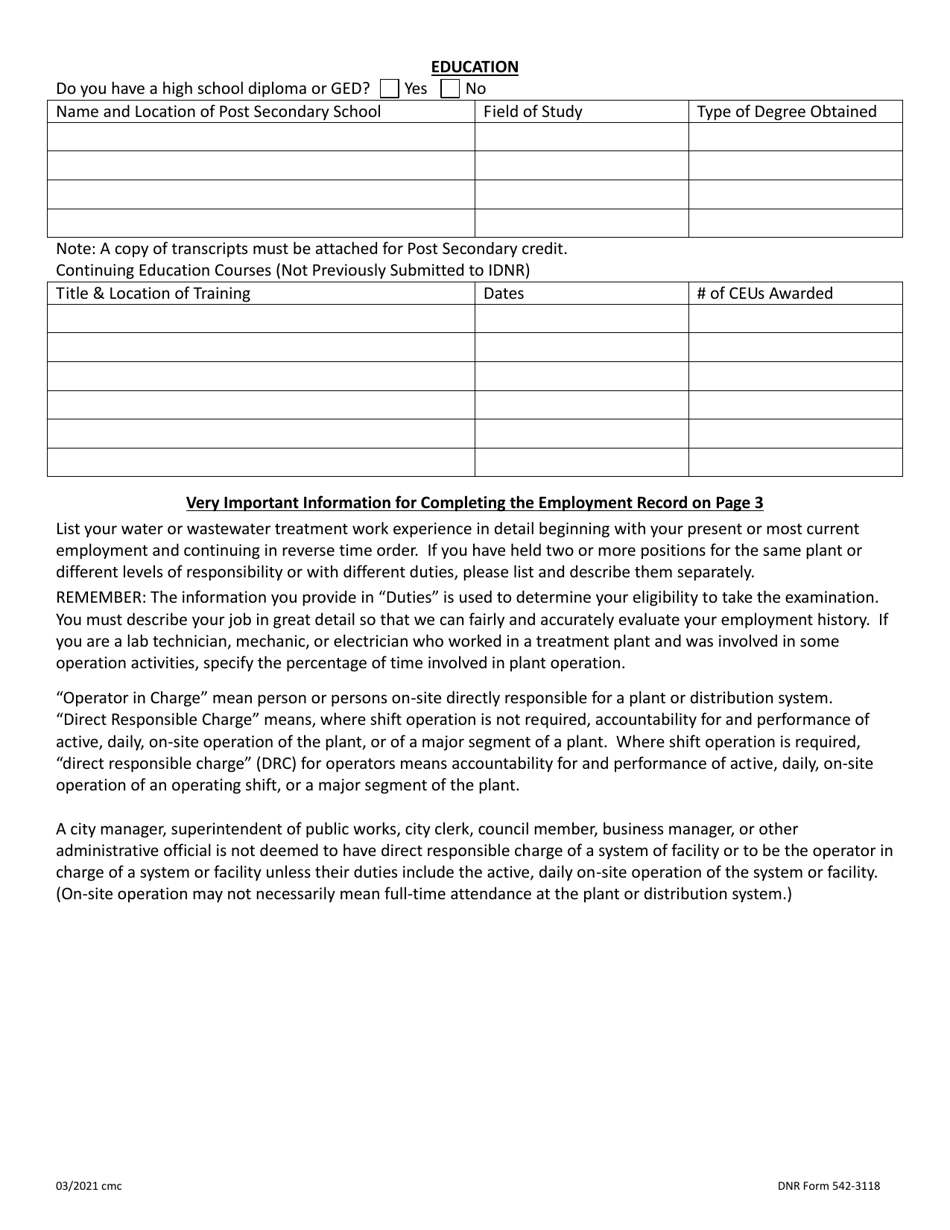 DNR Form 542-3118 Iowa Operator Certification Exam Application - Water Treatment, Water Distribution, Wastewater - Iowa, Page 2