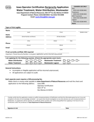 DNR Form 542-3117 Iowa Operator Certification Reciprocity Application - Water Treatment, Water Distribution, Wastewater - Iowa