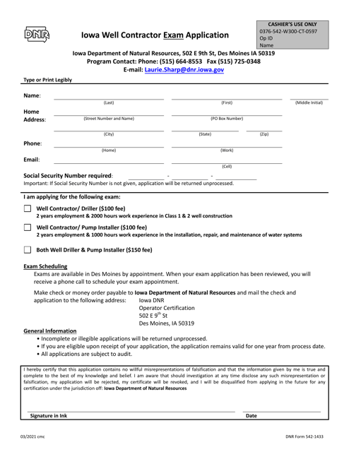 DNR Form 542 1433 Download Fillable PDF or Fill Online Iowa Well