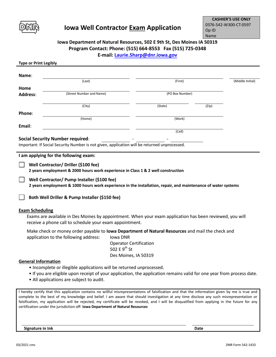 DNR Form 542-1433 Iowa Well Contractor Exam Application - Iowa, Page 1