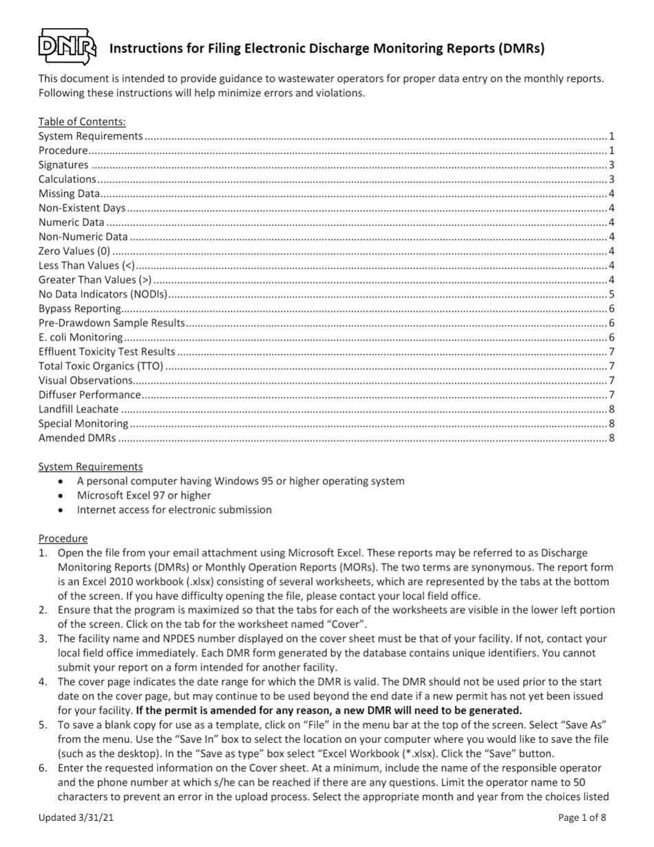 Instructions for Discharge Monitoring Reports (Dmrs) - Iowa, Page 1