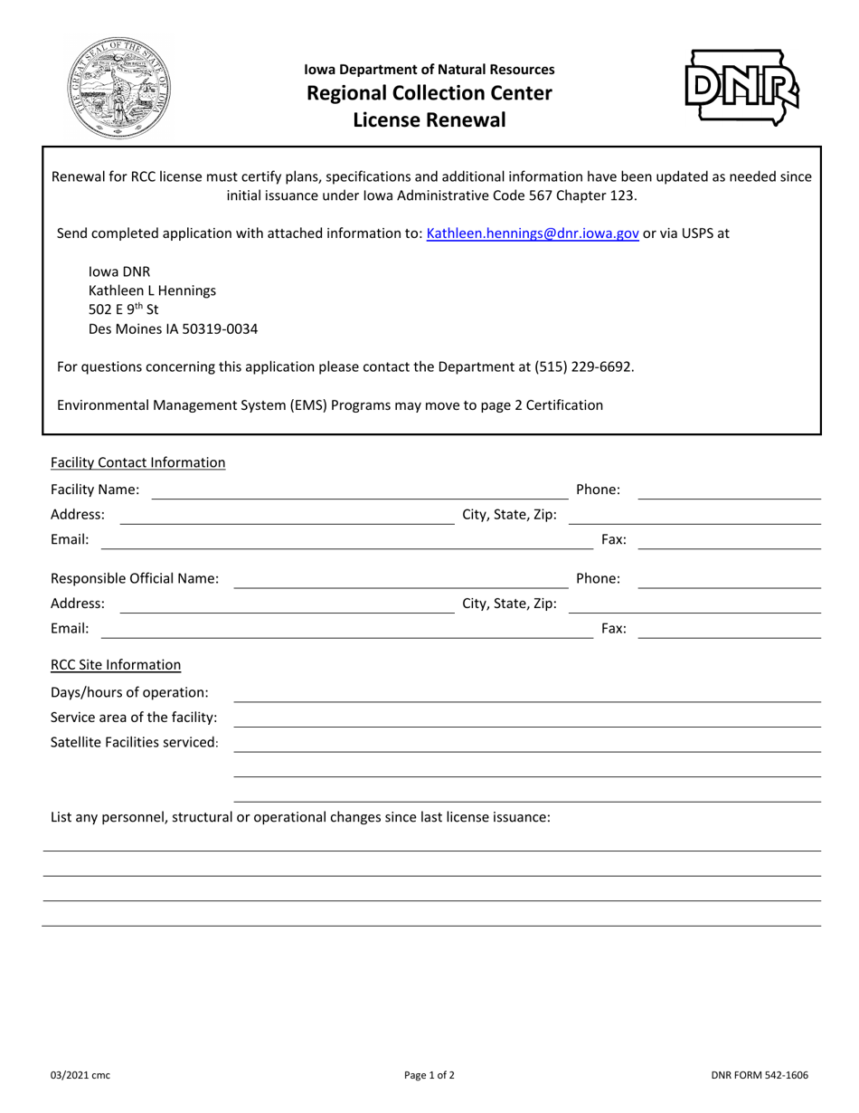 DNR Form 542-1606 Regional Collection Center License Renewal - Iowa, Page 1