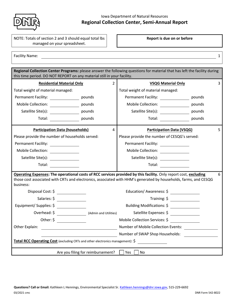 DNR Form 542-8022 Regional Collection Center, Semi-annual Report - Iowa, Page 1