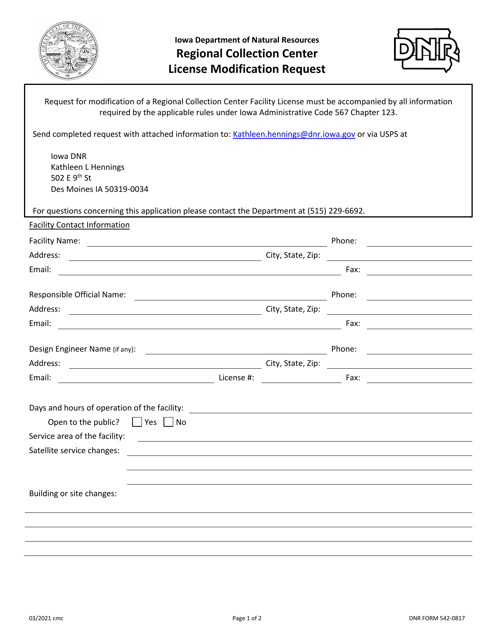 DNR Form 542-0817 Regional Collection Center License Modification Request - Iowa