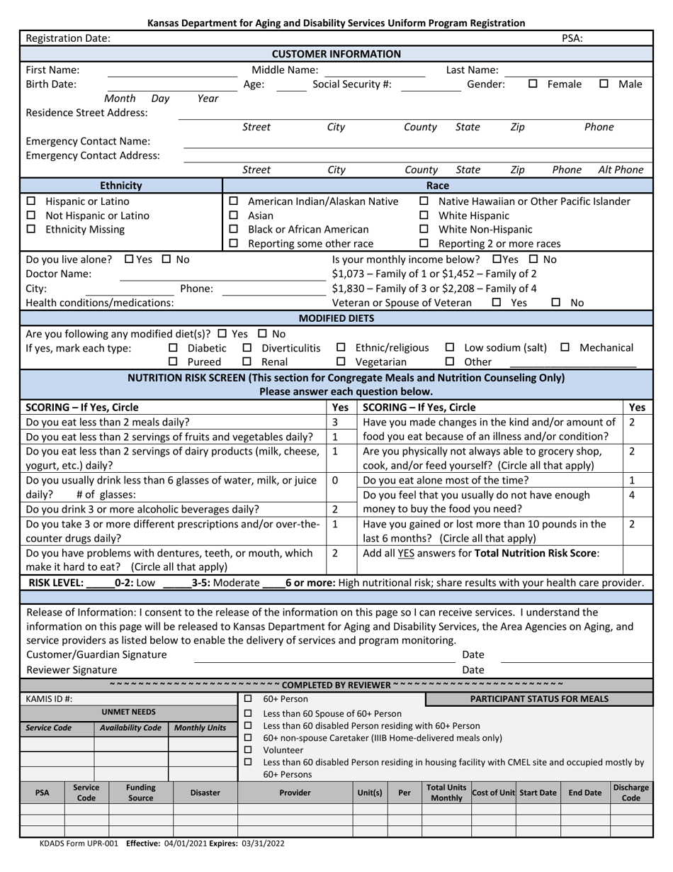 Form UPR-001 Uniform Program Registration - Kansas, Page 1