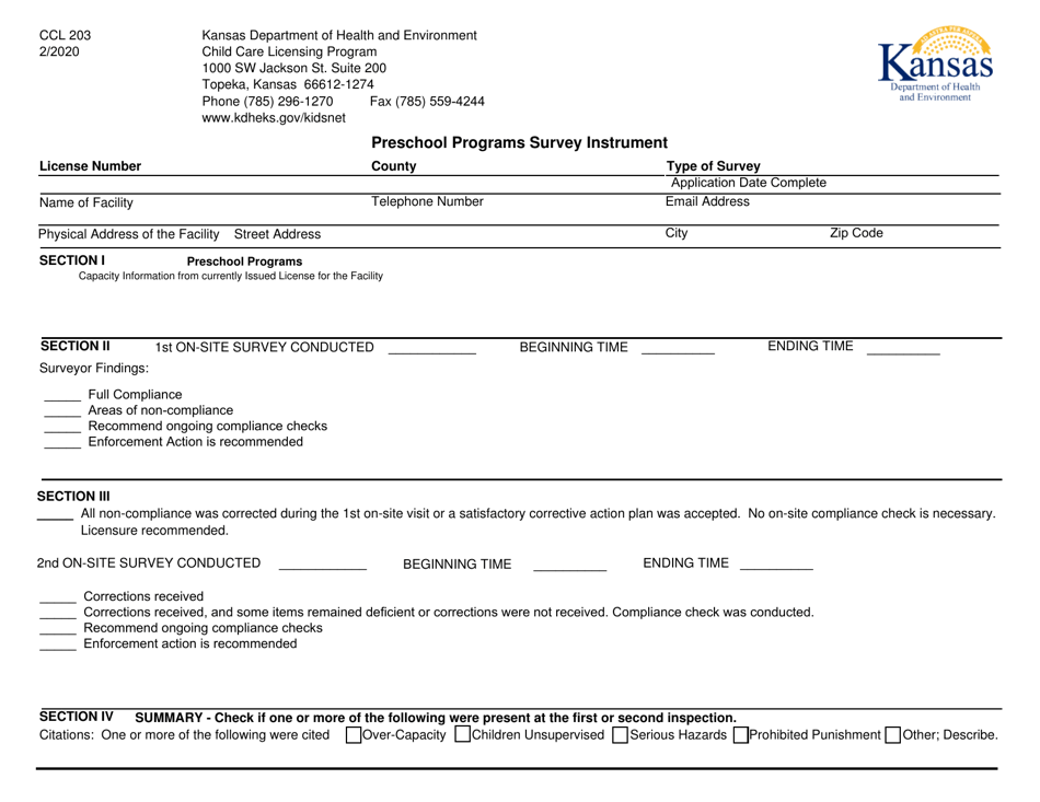 Form CCL203 Preschool Programs Survey Instrument - Kansas, Page 1