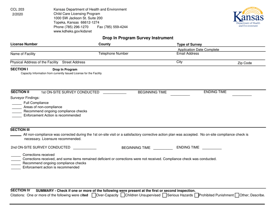 Form CCL203 Drop in Program Survey Instrument - Kansas, Page 1