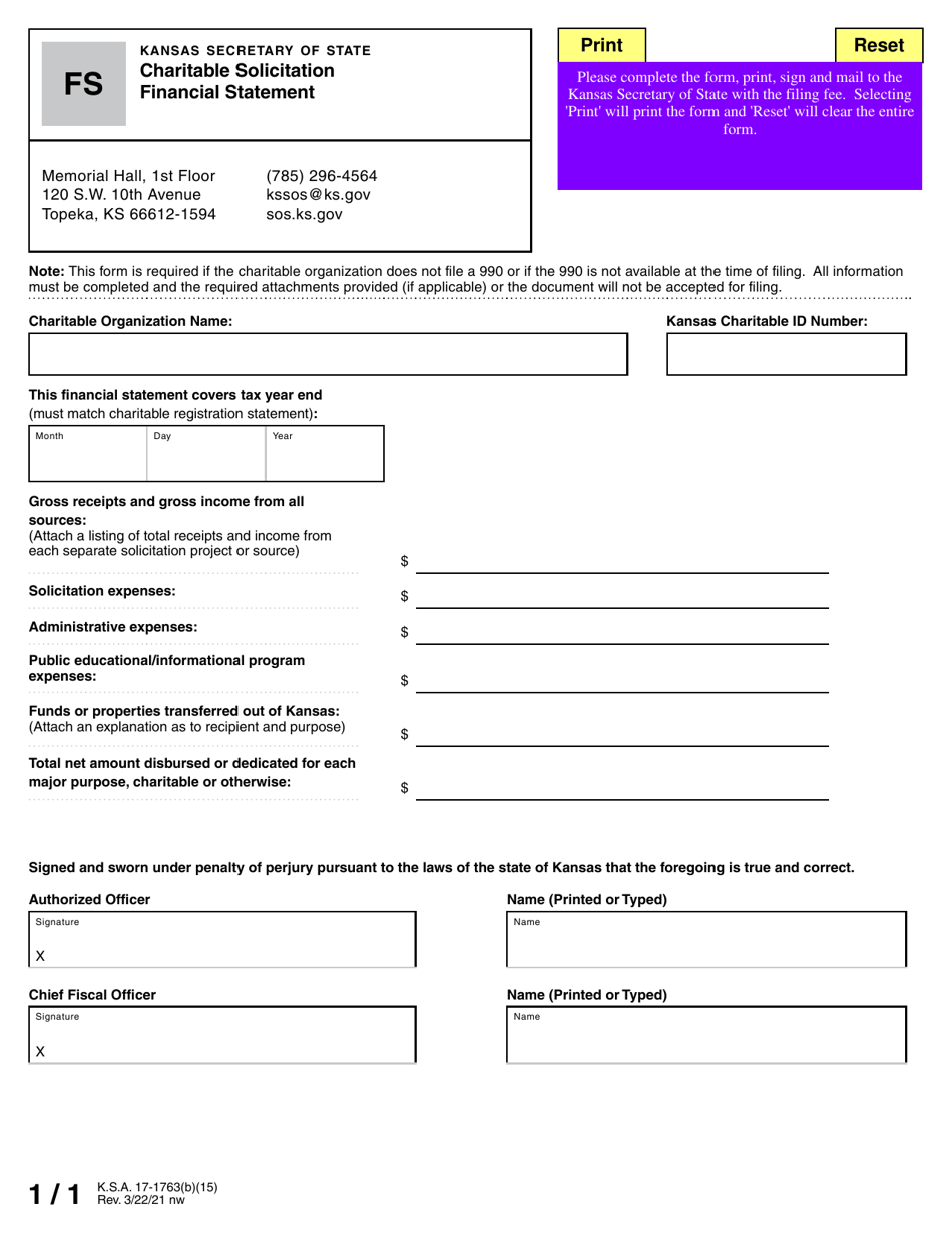 Form FS Charitable Solicitation Financial Statement - Kansas, Page 1
