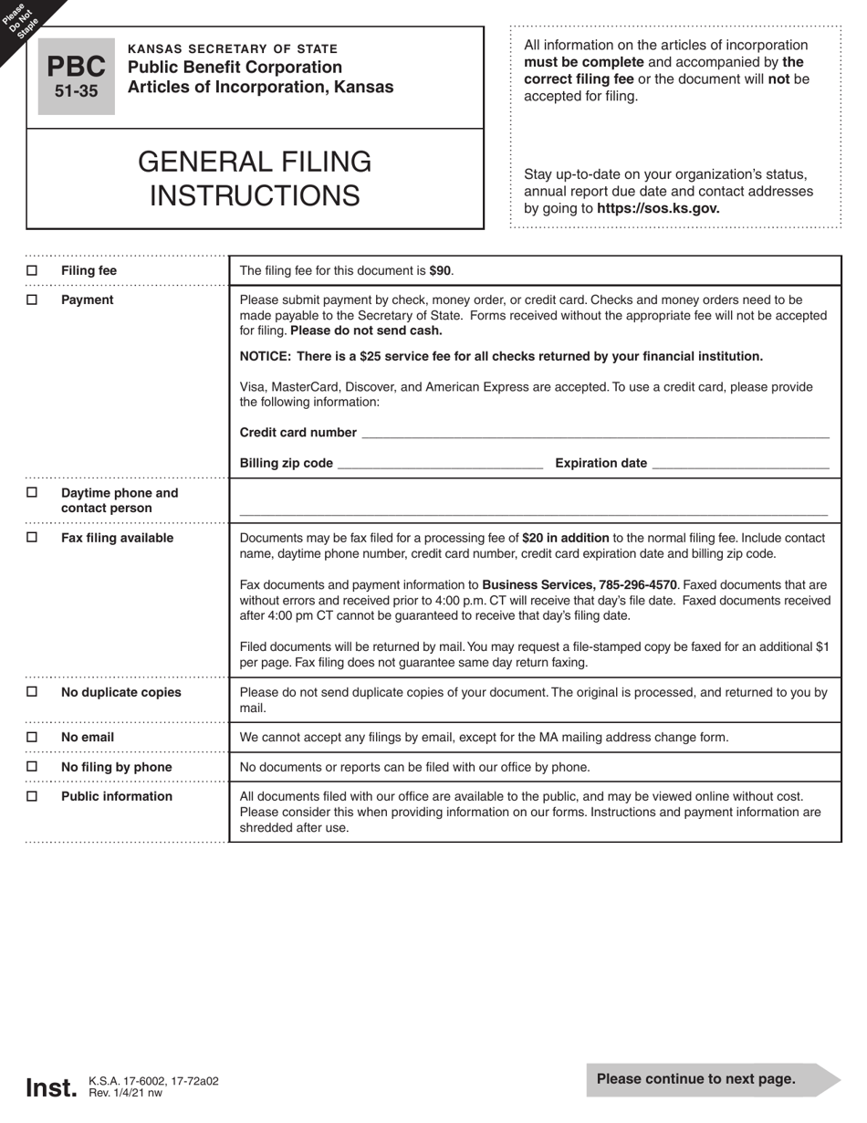 Form PBC51-35 Public Benefit Corporation Articles of Incorporation - Kansas, Page 1