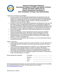 &quot;Kentucky Performance Rating for Educational Progress (K-Prep) and Quality of School Climate and Safety (Qscs) Survey District Assessment Coordinator's Certification of Proper Test Administration&quot; - Kentucky, 2021