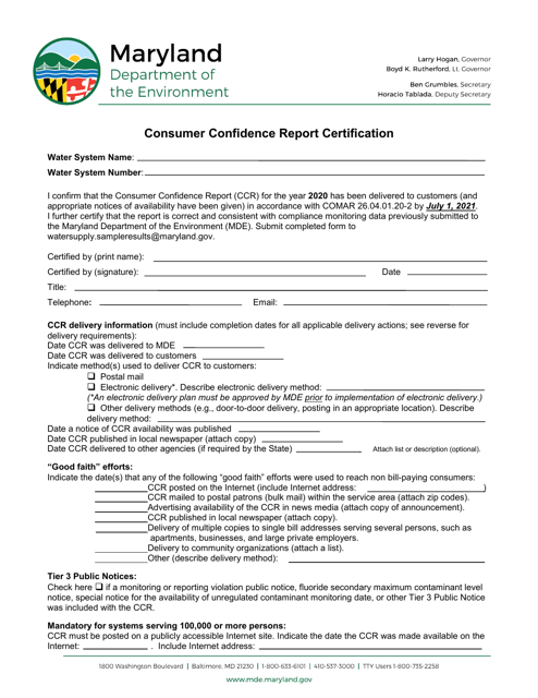 &quot;Consumer Confidence Report Certification&quot; - Maryland Download Pdf