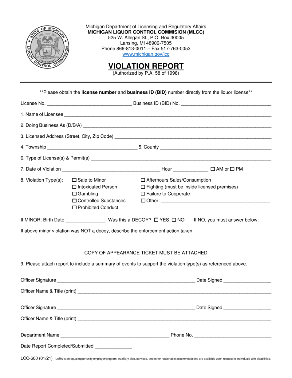 Form LCC-600 Violation Report - Michigan, Page 1