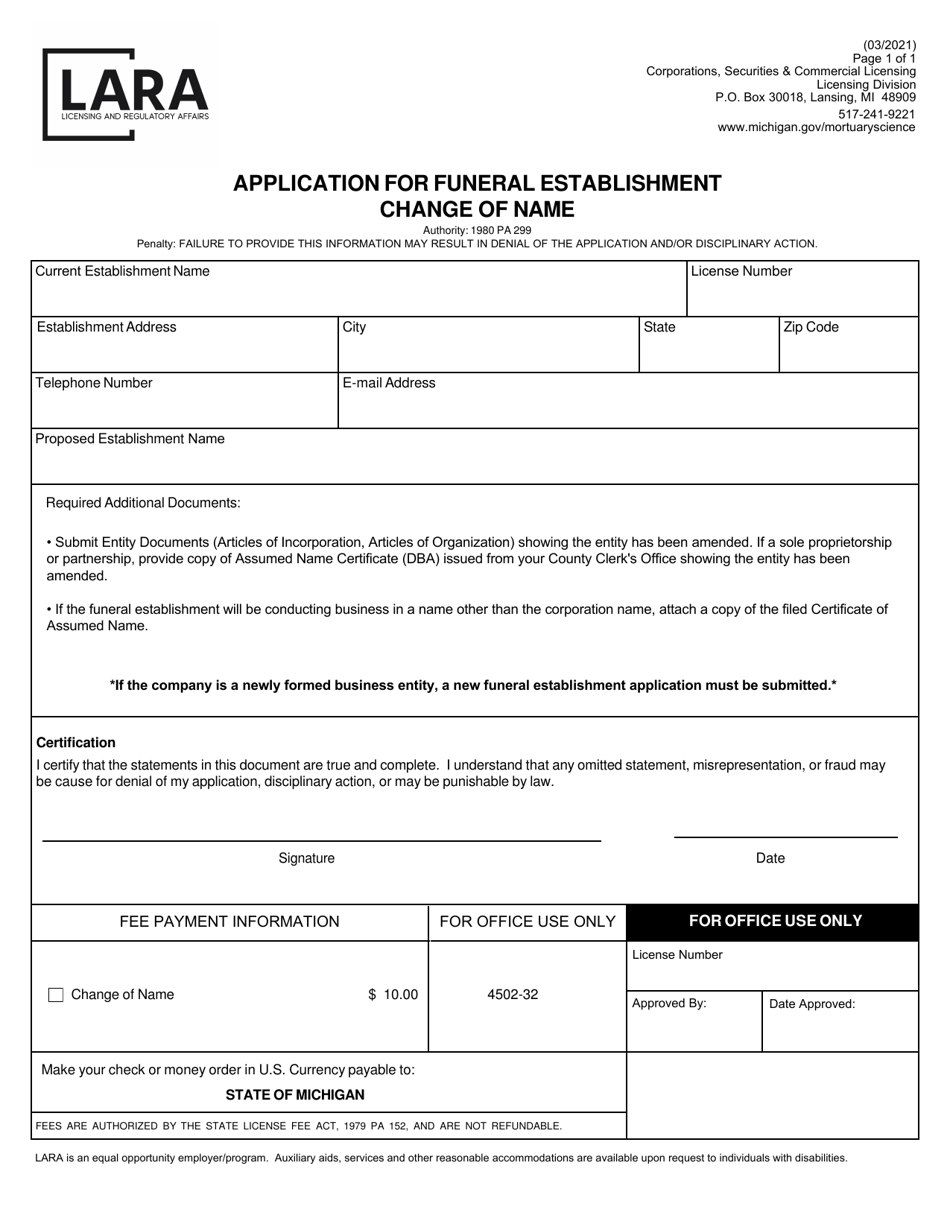 Application for Funeral Establishment Change of Name - Michigan, Page 1
