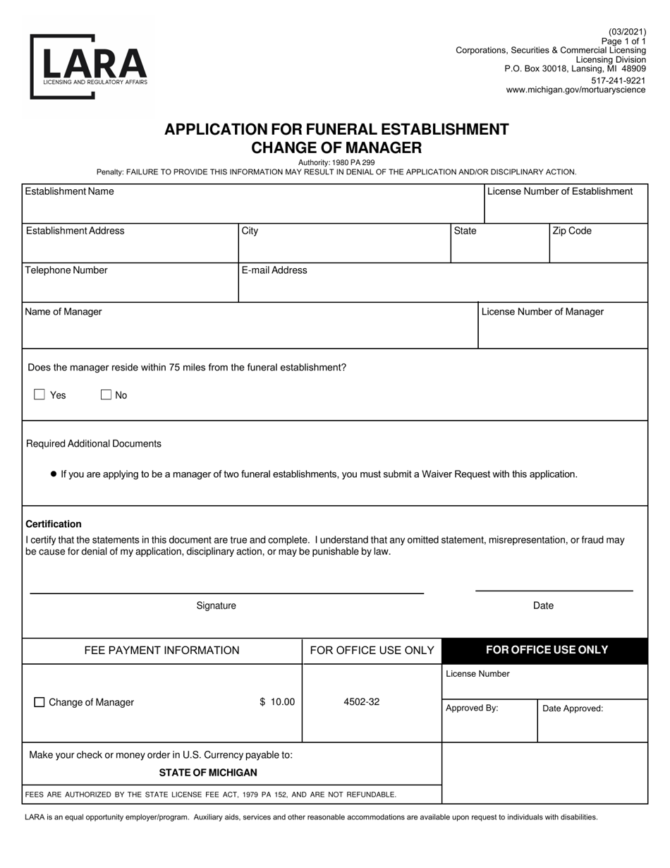 Application for Funeral Establishment Change of Manager - Michigan, Page 1