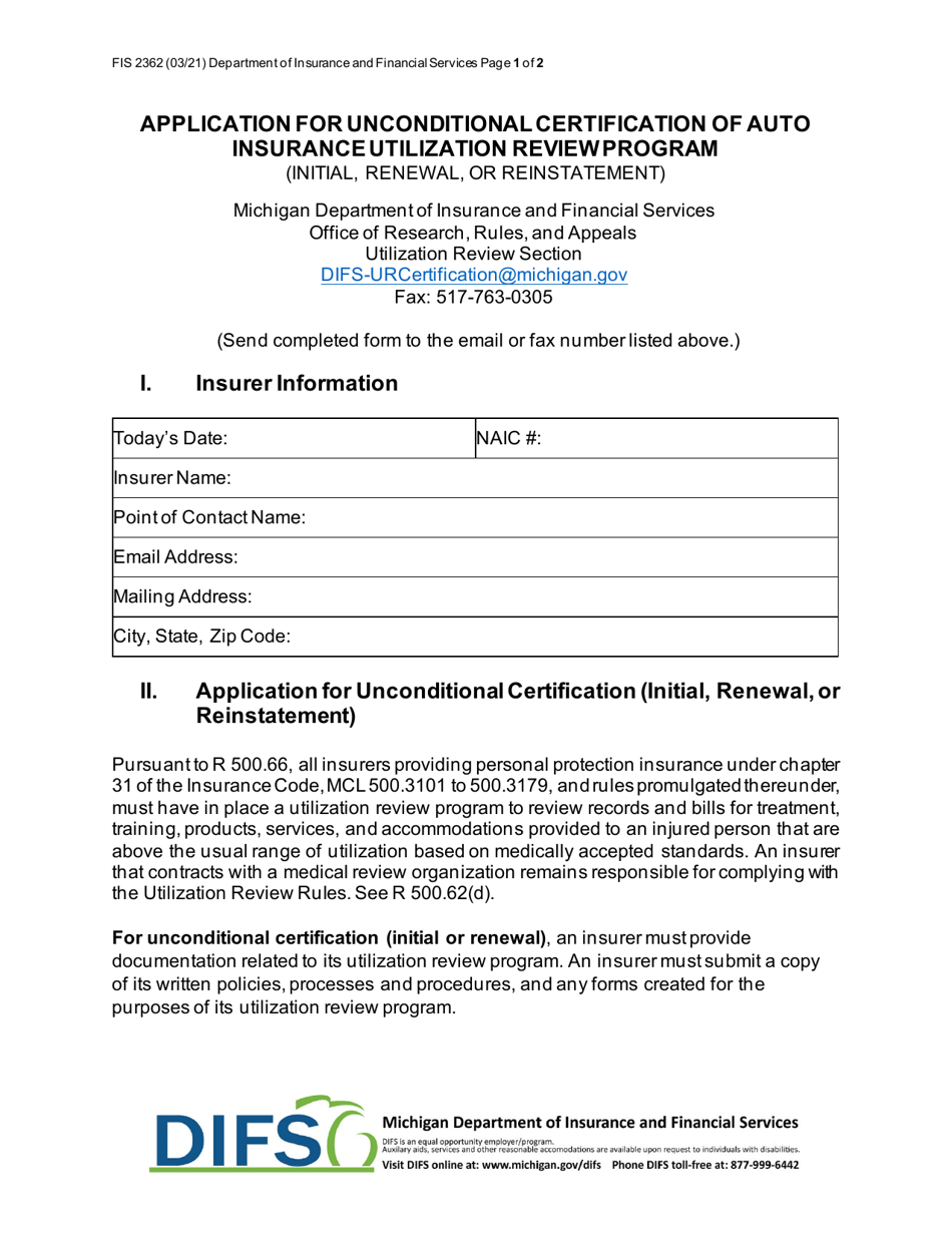 Form FIS2362 Application for Unconditional Certification of Auto Insurance Utilization Review Program (Initial, Renewal, or Reinstatement) - Michigan, Page 1