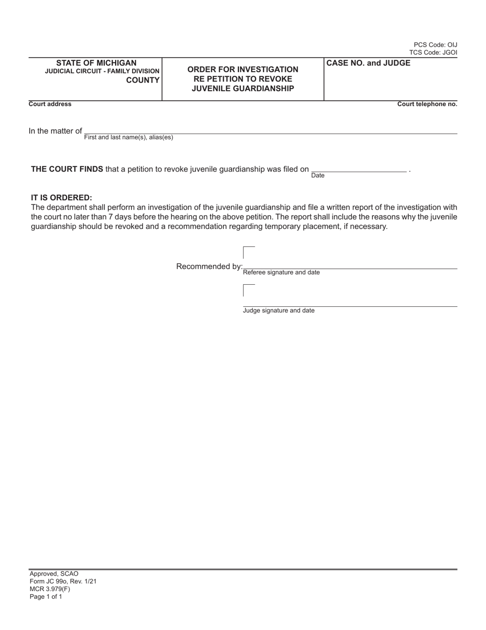 Form JC99O Order for Investigation Re Petition to Revoke Juvenile Guardianship - Michigan, Page 1
