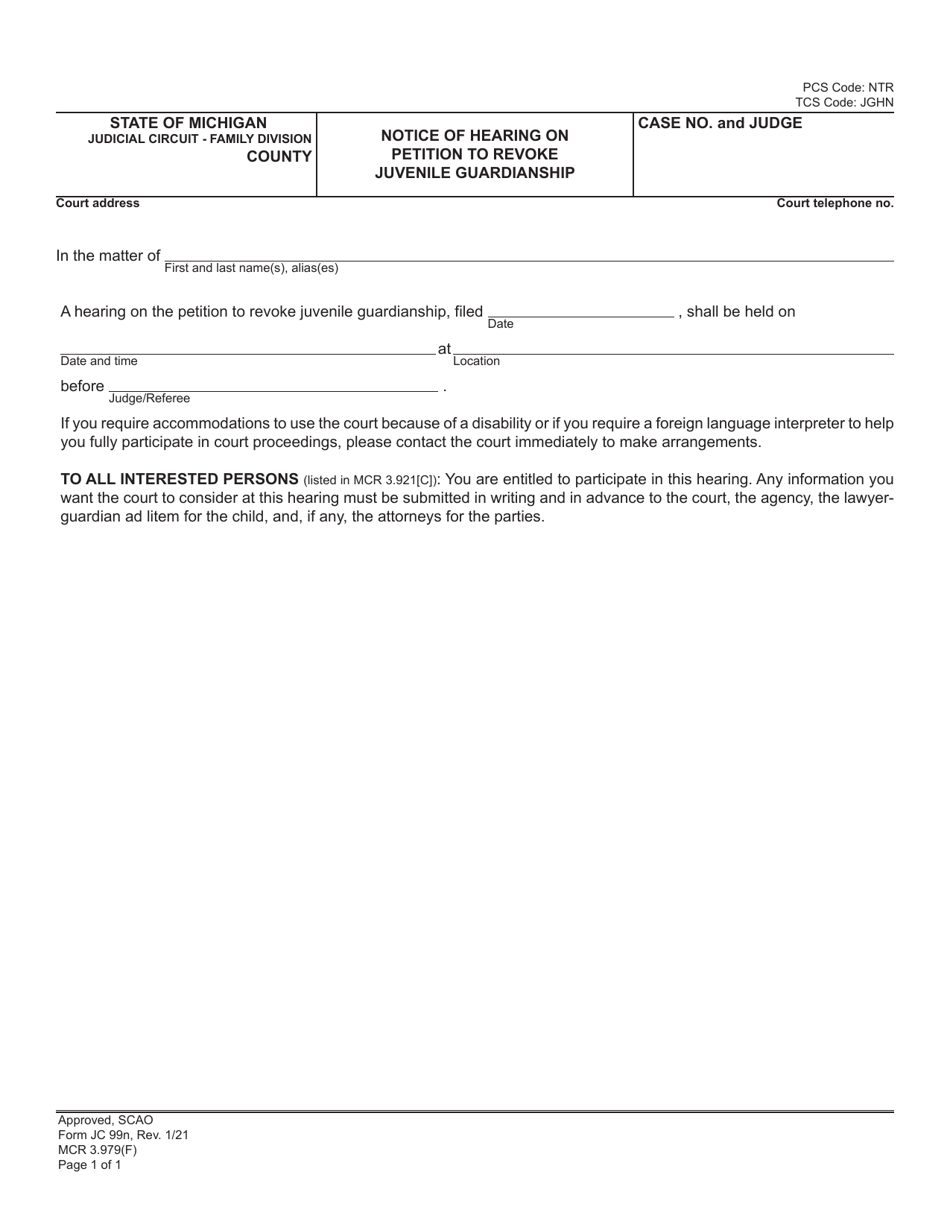 Form JC99N Notice of Hearing on Petition to Revoke Juvenile Guardianship - Michigan, Page 1