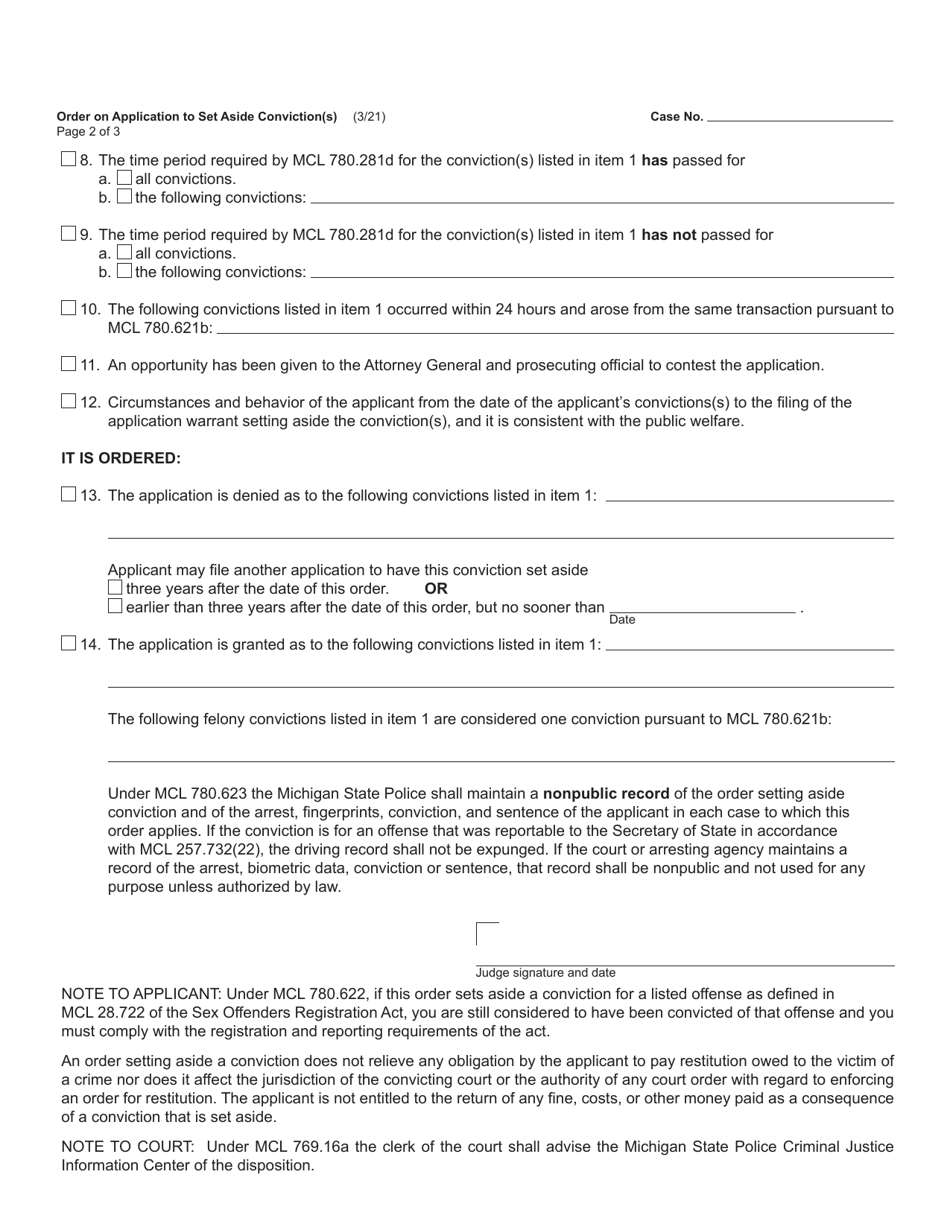 Form MC228 Order on Application to Set Aside Conviction(S) - Michigan, Page 2