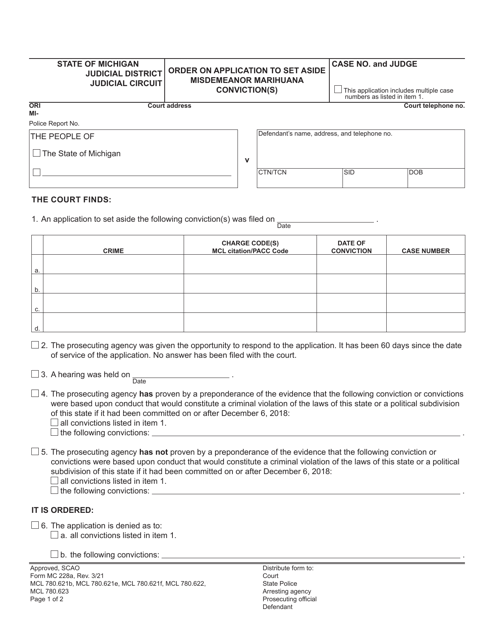 Form MC228A Order on Application to Set Aside Misdemeanor Marihuana Conviction(S) - Michigan