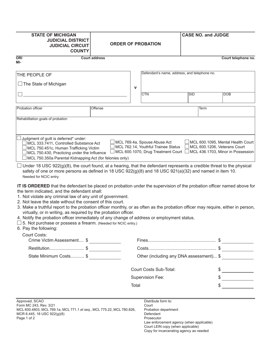 Form MC243 Fill Out, Sign Online and Download Fillable PDF, Michigan