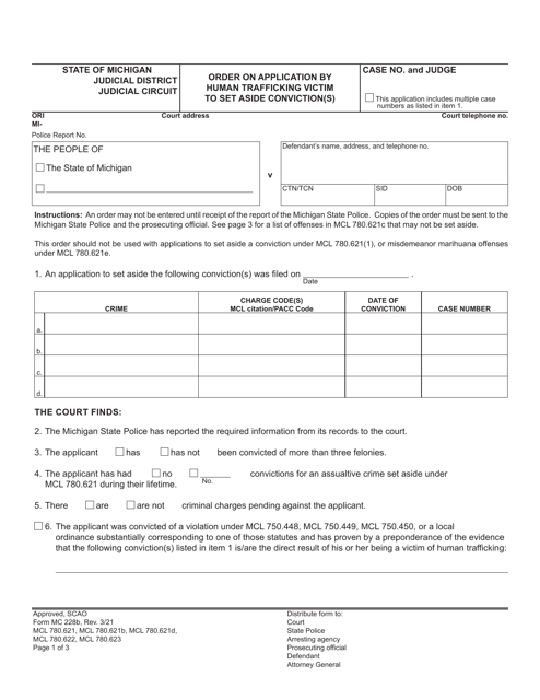 Form MC228B Order on Application by Human Trafficking Victim to Set Aside Conviction(S) - Michigan